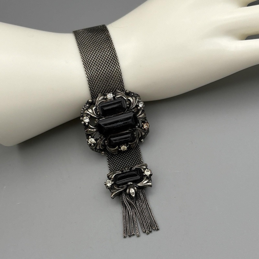 Etruscan Medallion Clasp Mesh Tassel Motif Slide Bracelet Adjustable to 7.25"
